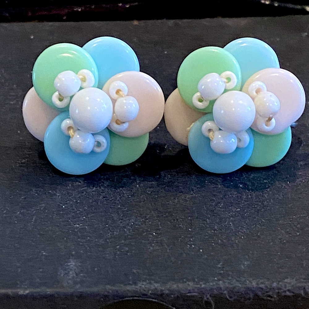 Colorful Western Germany Milk Glass Beaded Flower Earrings. Screw back